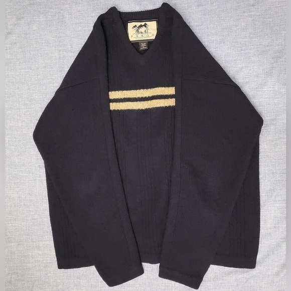 VTG 90s Wool V-Neck Sweater Fargo Clothing Black (w/2 Tan Stripes) Size XL - Picture 3 of 7